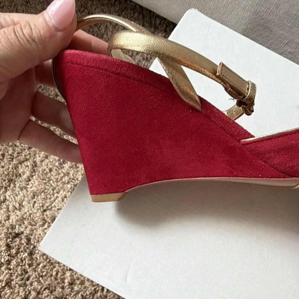 ⁠Louis Vuitton Red Suede Metallic Gold Strap Peep Toe Wedge Sandals 37 Entrupy